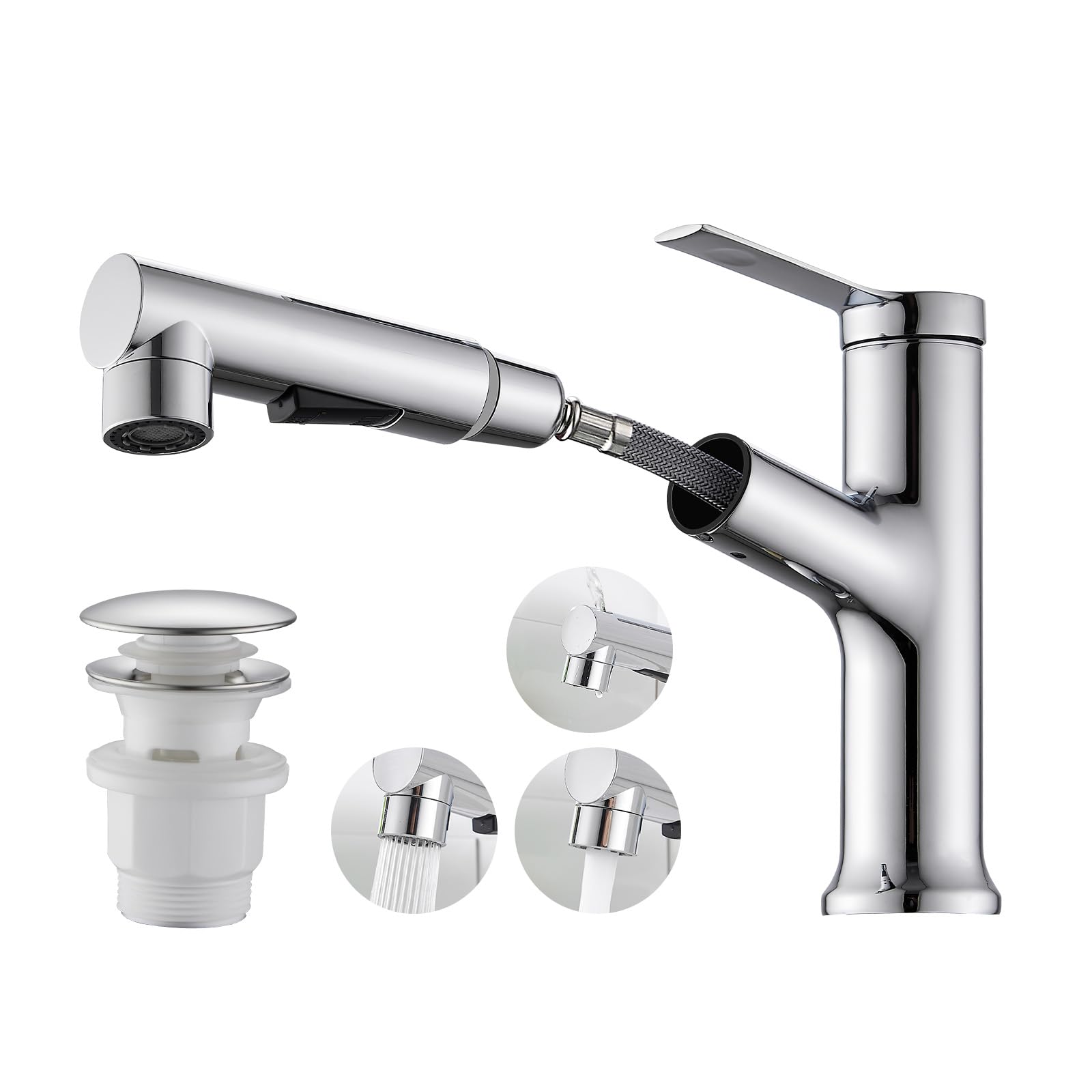 Rubinetto da bagno con 3 tipi di getto, rubinetto estraibile per lavabo con scarico, miscelatore monocomando per bagno, cromato