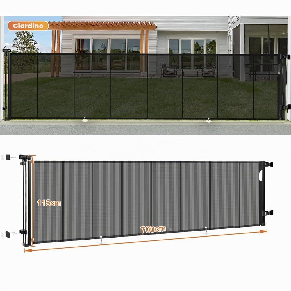Cancello di Sicurezza Estensibile per Bambini e Cani, Installazione a Scala e Porta, 0-200 cm, Apertura con Una Mano (Grigio, 7M)
