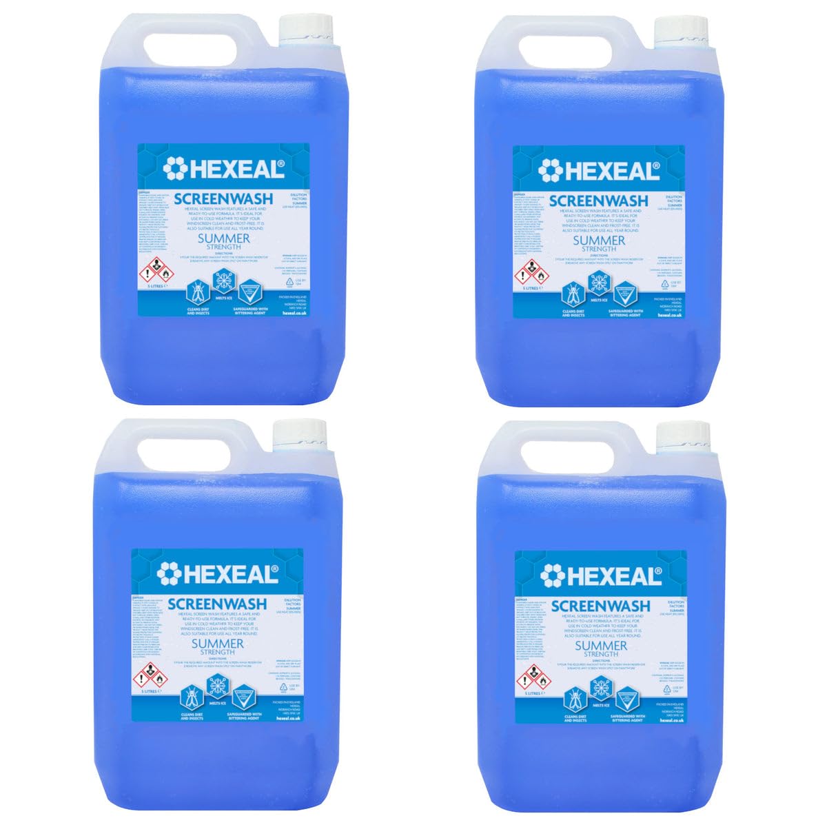 Hexeal Screenwash 20L – 4 x 5L of Summer Strength, Ready to Use, Windshield Wiper Fluid for Summer Protection - Improve Vision & Buildup of Dirt