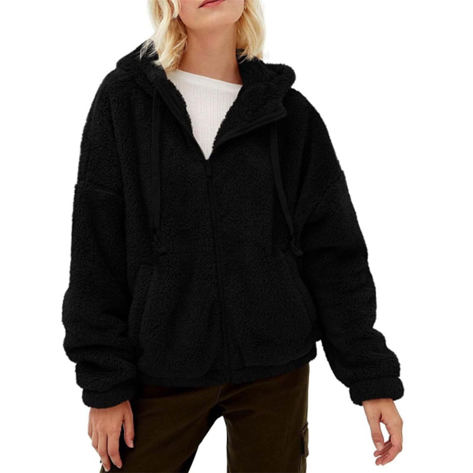 Chaqueta Mujer Invierno Abrigos De Cazadora Forro Polar，Chaqueta forrada polar para mujer abrigo exterior con cremallera frontal y bolsillos laterales diseño estampado vacuno de pelo largo
