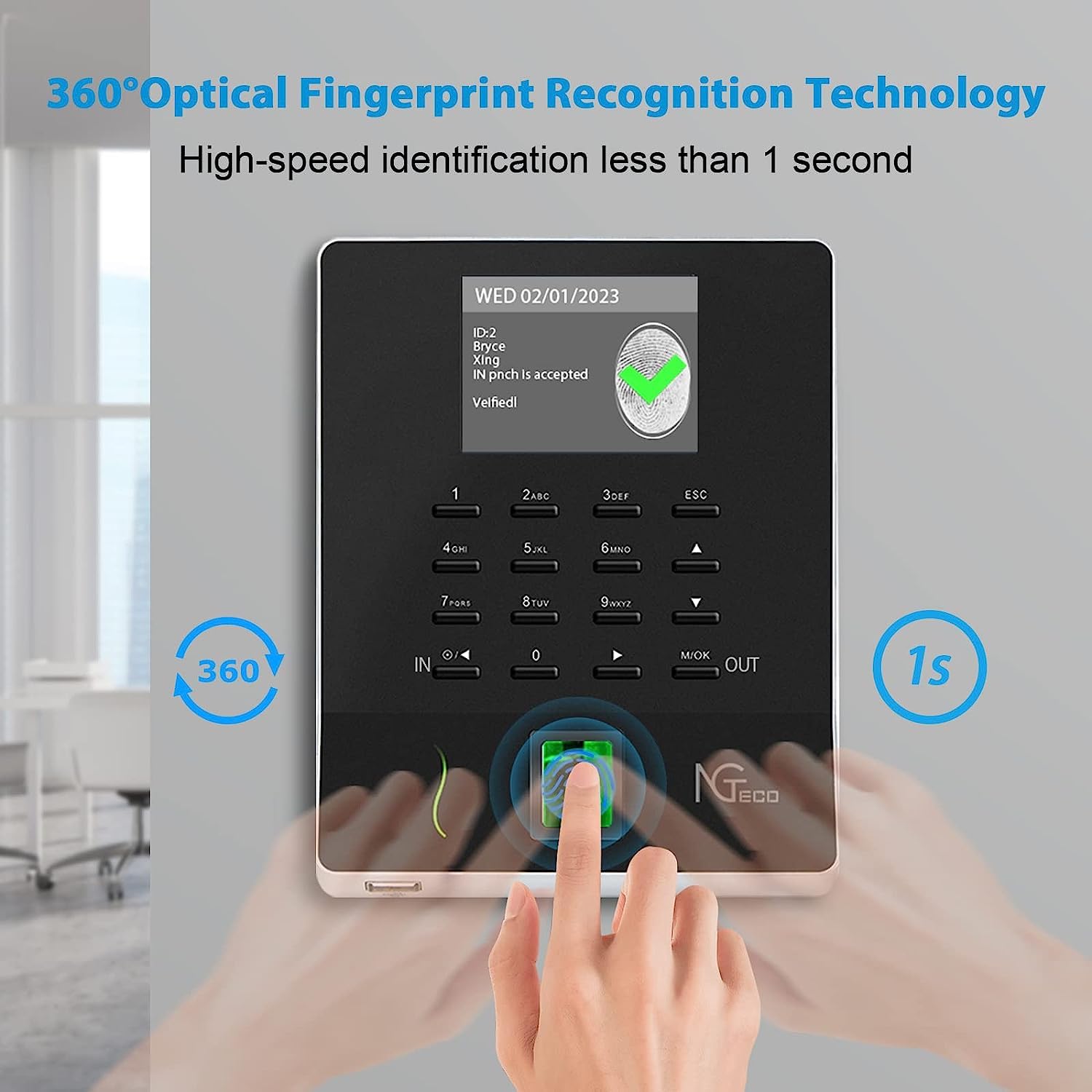 NGTeco Fingerprint clocking in machine for Small Business WiFi Time Card Machine, Office Punch Clock Automatic in and Out with APP for iOS Android (0 Monthly Fees) — view 2