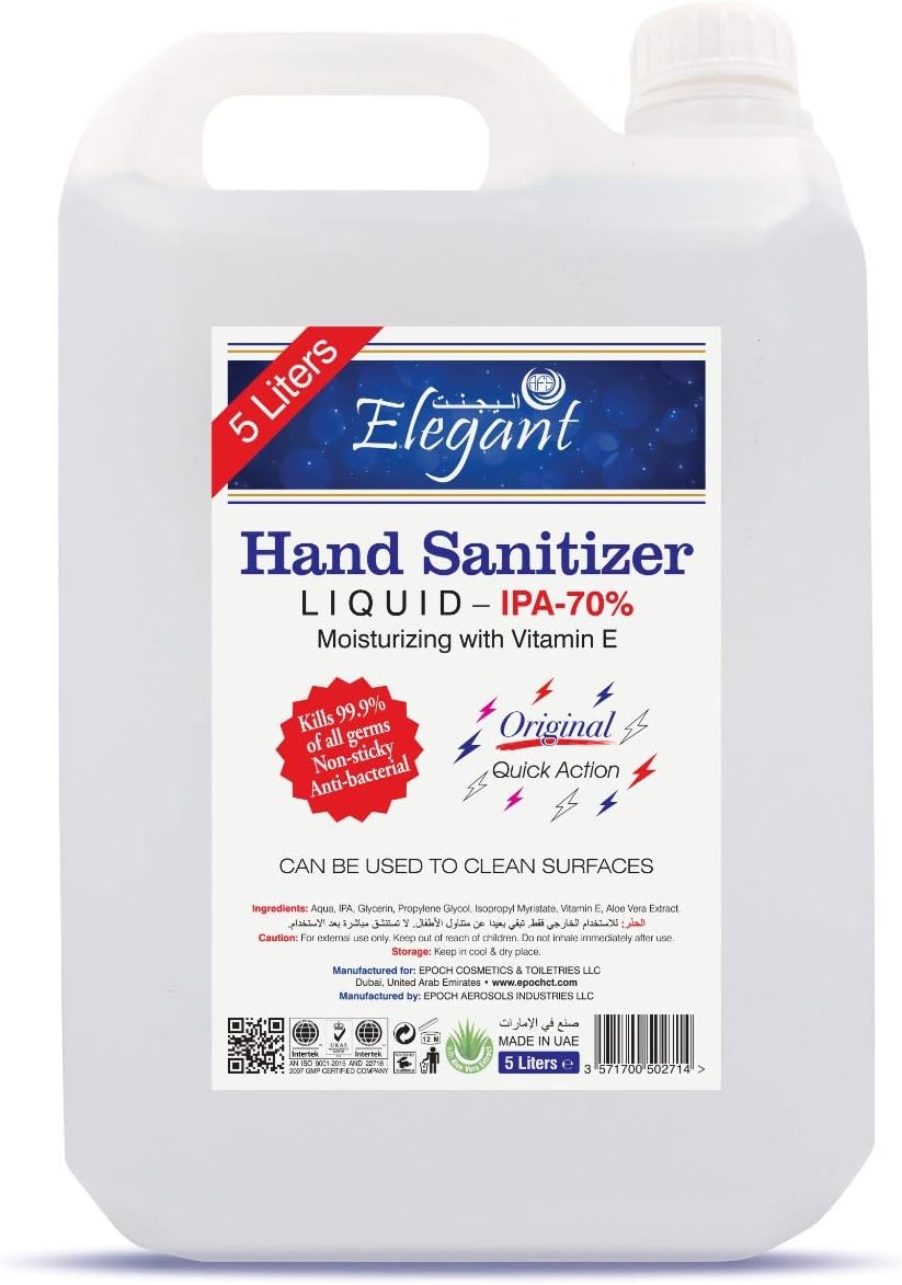 Elegant Hand Sanitizer Liquid Refill – 5 liter – 70% IPA – Extra Hygienic – Moisturizers & Vitamin E