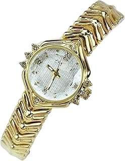 ساعة يد نسائية فاخرة، هيكل ذهبي، مينا أبيض مع كريستال، سوار معدني مع علبة والشنطة