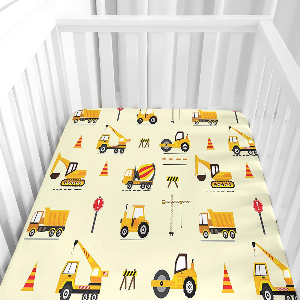 Hiseng Microfiber Crib Sheets, Cot Bed Sheets with Cartoon Pattern Cot Fitted Sheets Bassinet Mattress, Soft and Comfortable Toddler Bed Sheets for Boys, Girls (Excavator,51x85cm)