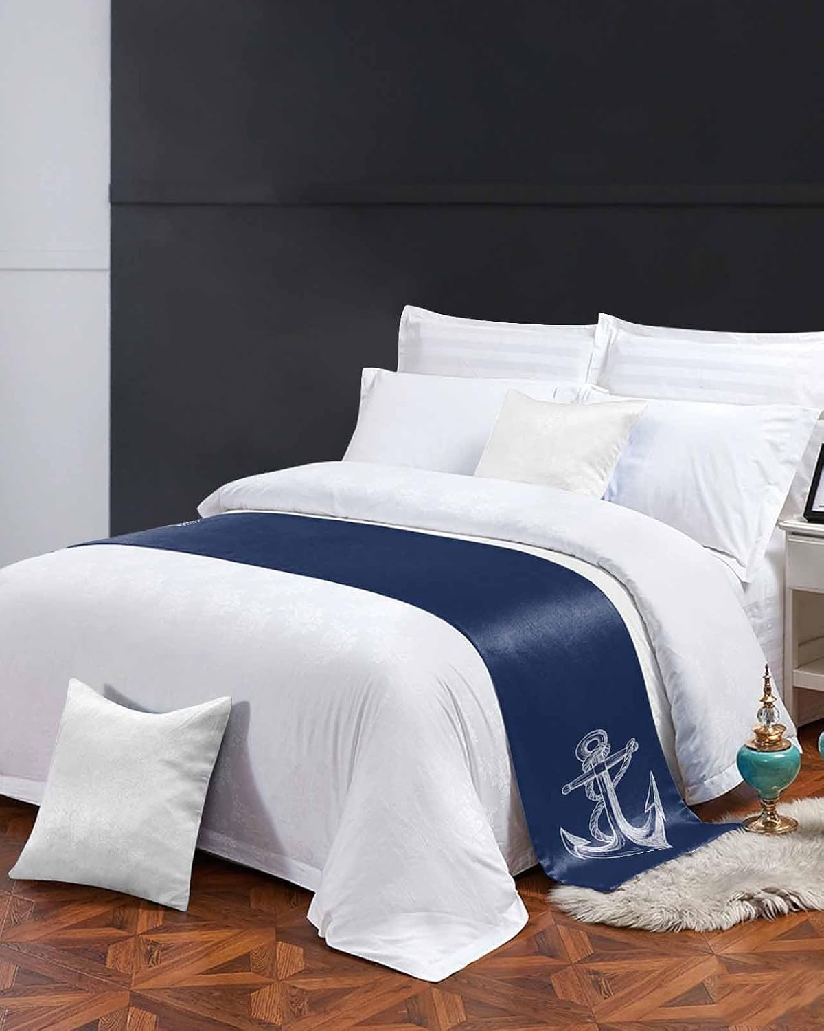 Bed Runner for Twin Size Beds, Nautical Anchor Decorative Bed Runners Scarves for Bedroom, Navy Blue Coastal Marine Minimalist Rope Washable Bedding Scarf Cover