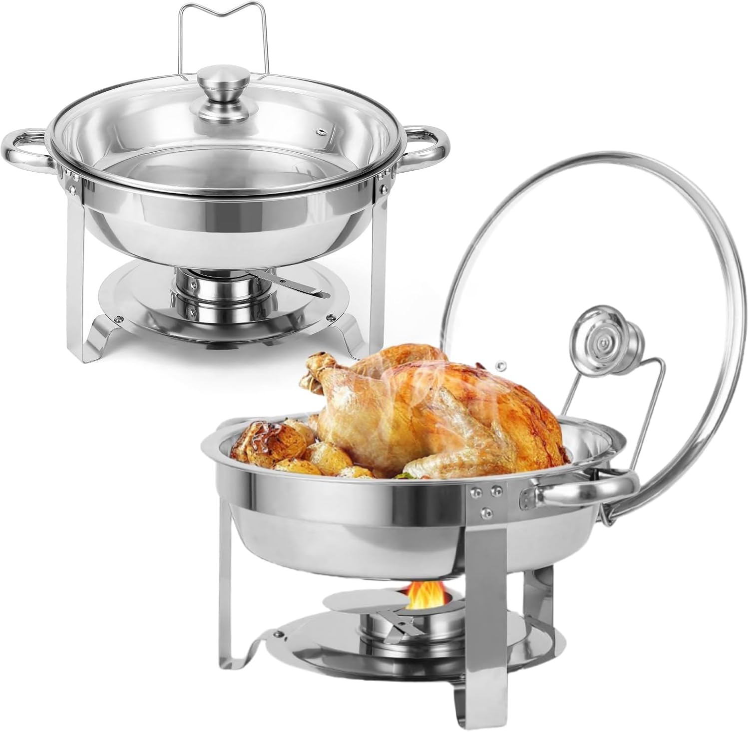 Chafing Dishes for Buffet Set of 2, 5QT Stainless Steel Buffet Serves and Warmers, Round Catering Food Warmers with Glass Lid & Lid Holder for Parties Gatherings Events Wedding Banquet, Silver