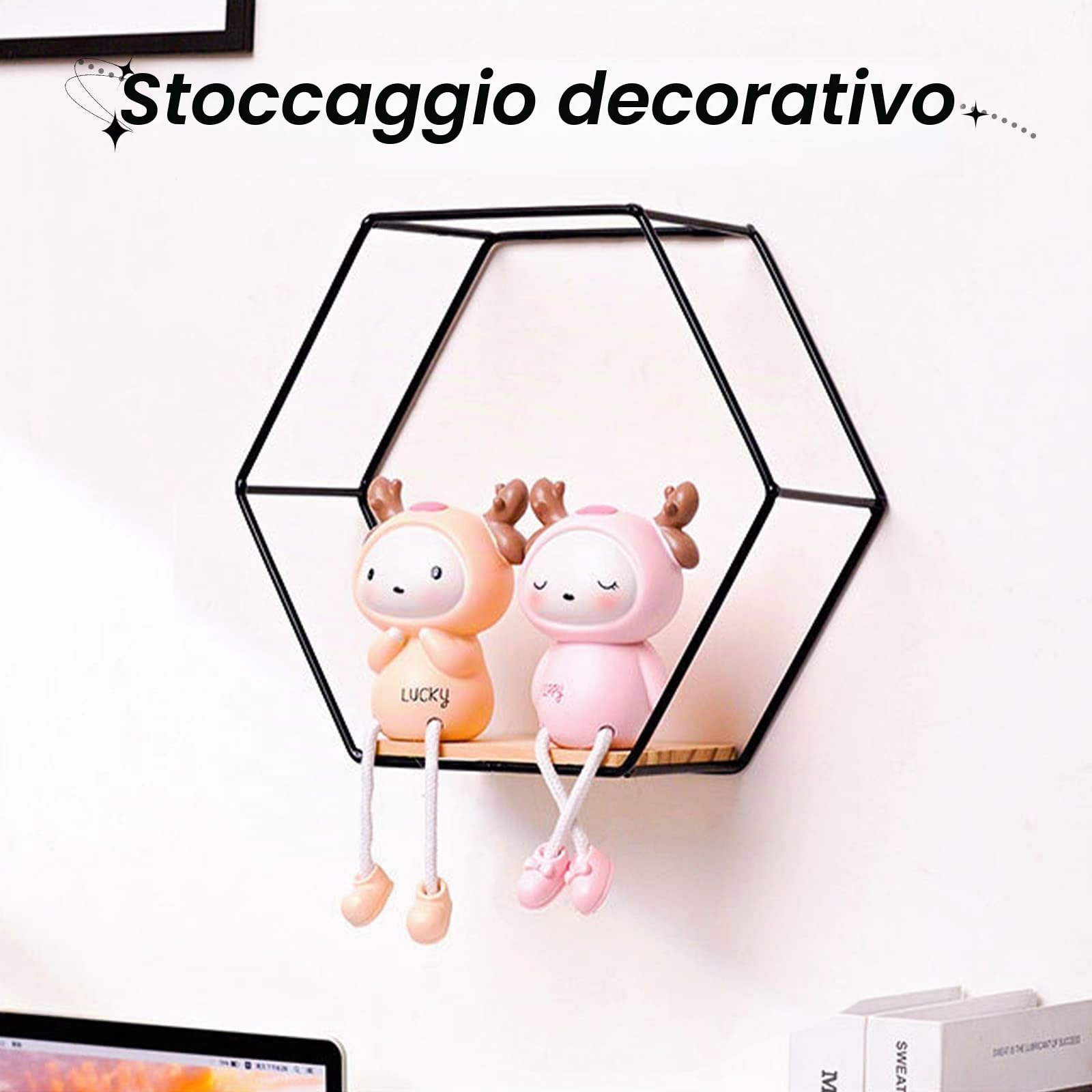 Set di 5 mensole da parete esagonali in ferro, scaffali metallici per cucina, bagno, soggiorno, camera da letto, ufficio, scaffale in metallo galleggiato, visualizzazione pianta, libri (nero 5)