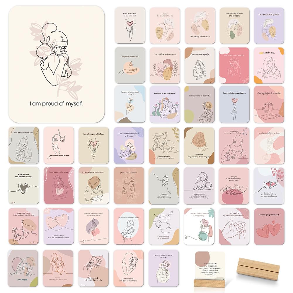 45 New Mom Affirmation Cards for Postpartum/Postpartum - Essential Gifts for New Moms with Empowerment Messages - Postpartum Affirmation Cards with Wooden Stand and