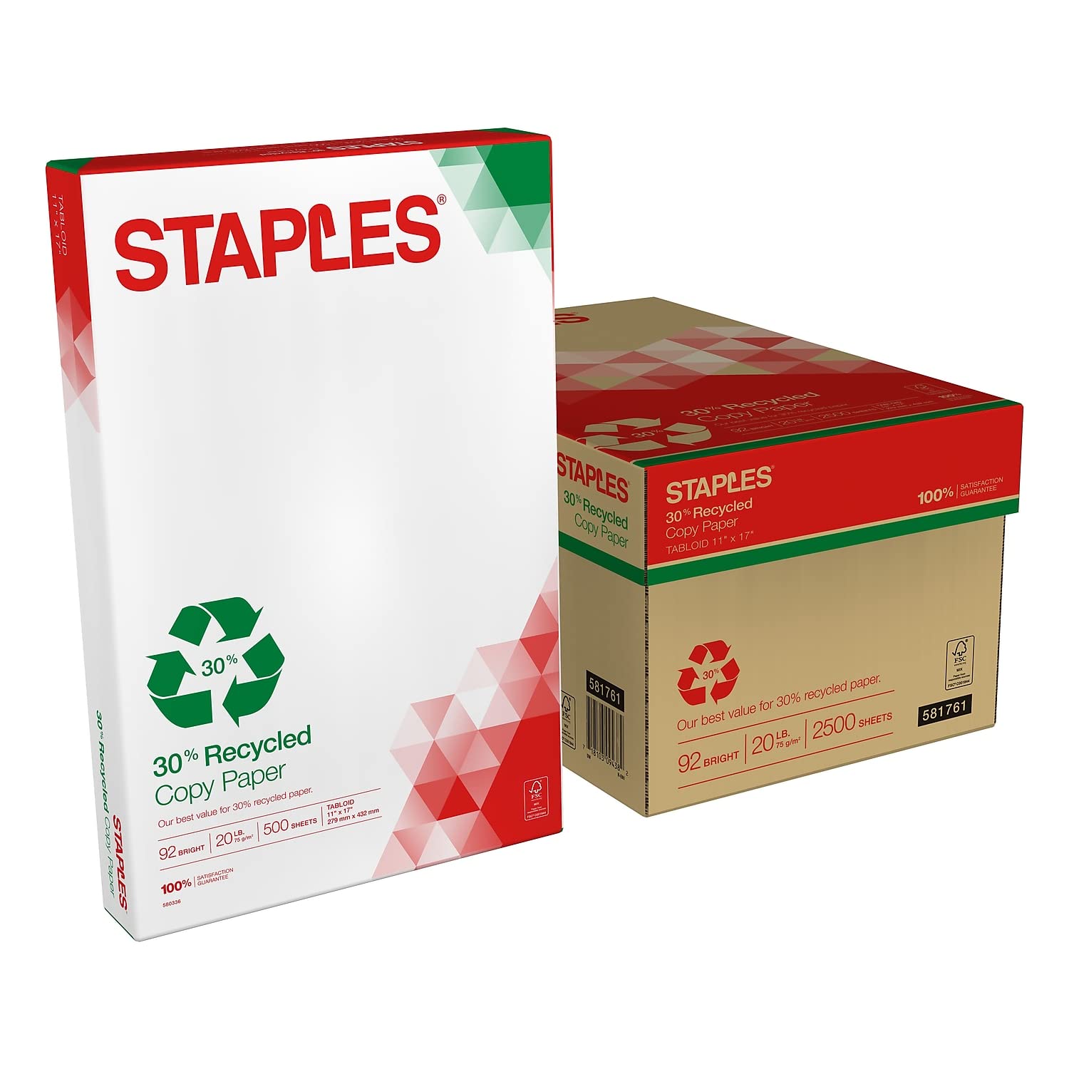 Staples 581761 30% Recycled 11-Inch x 17-Inch Copy Paper 20 lbs 92 Brightness 500/RM 5 RM/CT