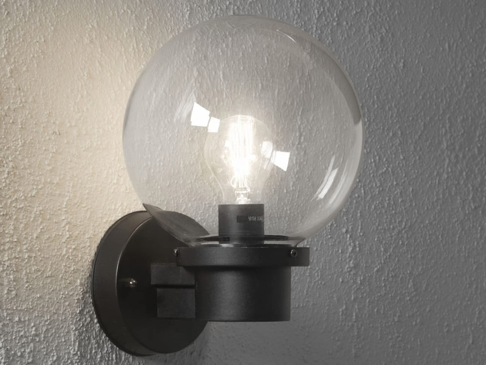 Moderna lampada da parete a LED per esterni, con interruttore crepuscolare e grande sfera in vetro, colore nero