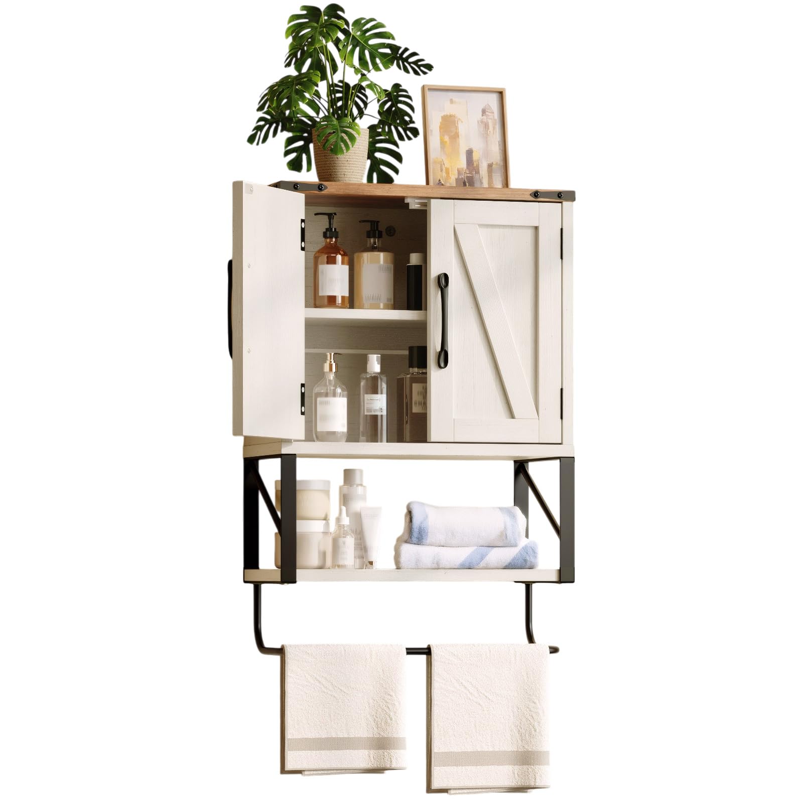 Bonnlo Armoire Mural, Meuble de Rangement Salle de Bain, Meuble WC Suspendu, avec étagère réglable, Double Porte et étagère Ouverte, 58 x 39 x 18 cm, Blanc