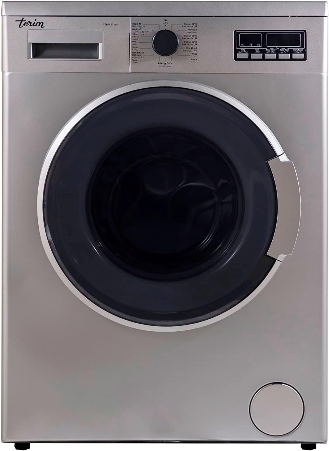 Terim 8 Kg Front Load Fully Automatic Washing Machine with Elegant Black Door,1200 RPM, Silver, Made in Turkey, TERFL812VS, 1 Year