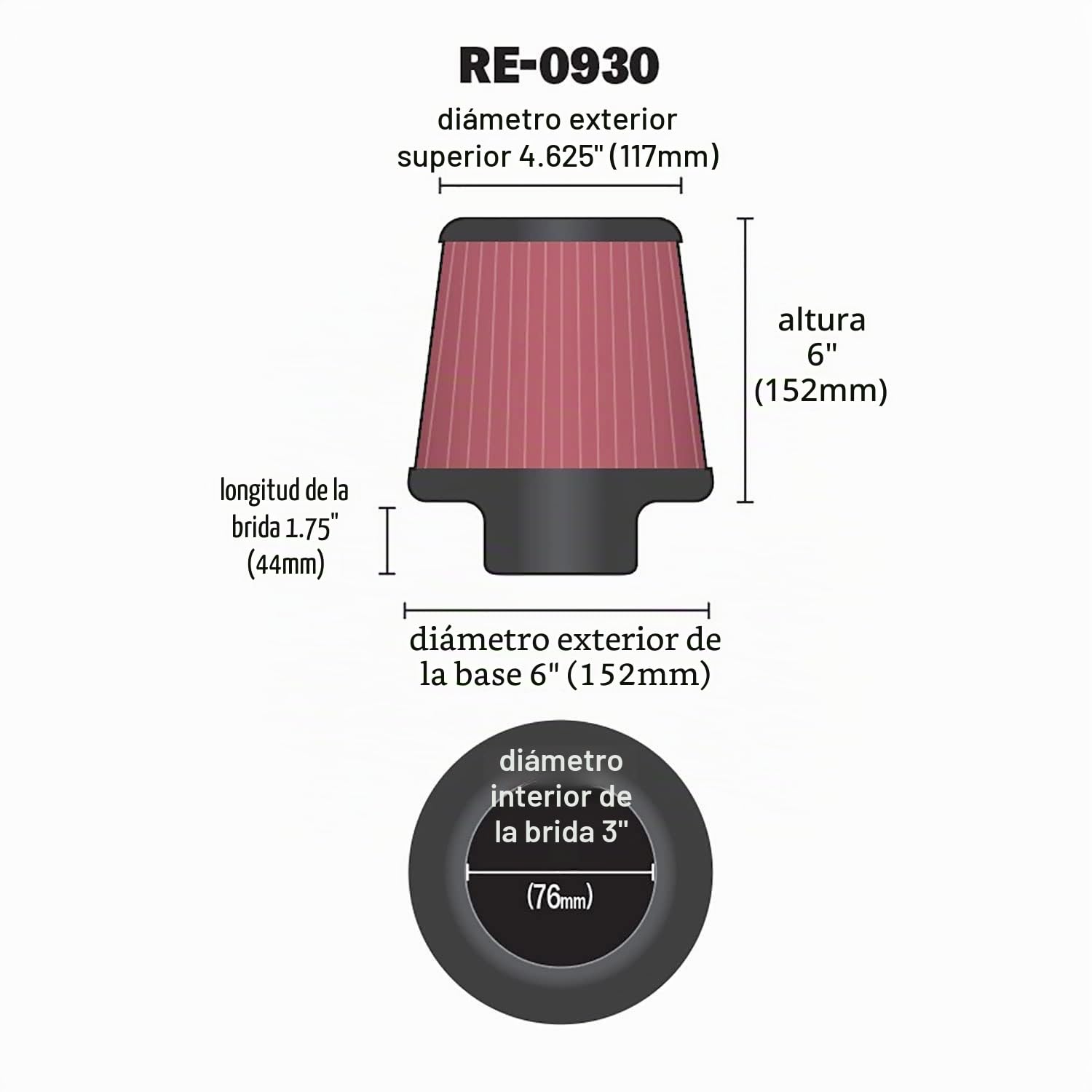 K&N RE-0930 High Performance Universal Clamp-on Air Filter 3 Flange 6 Height by K&N Coche y Moto