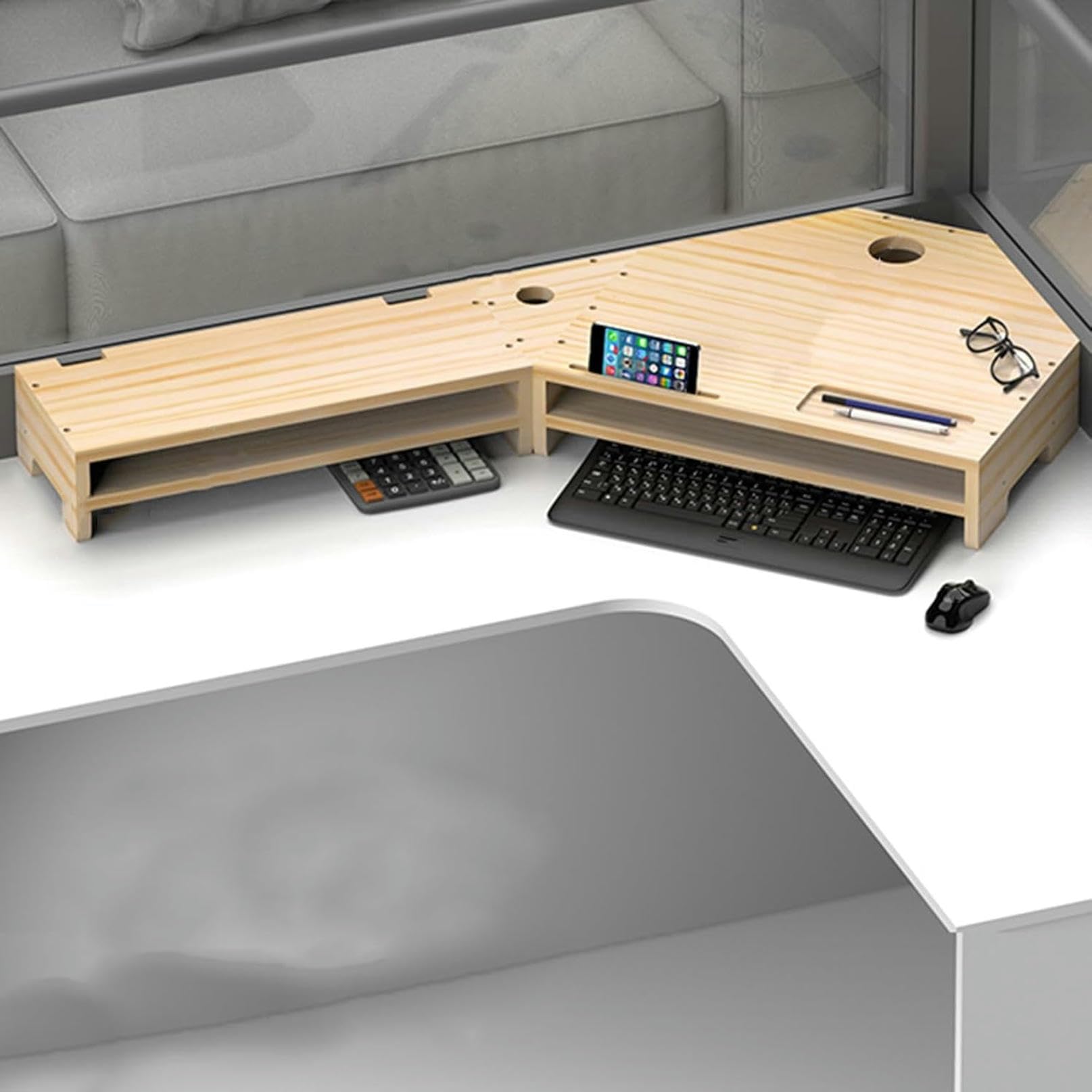 Supporto per monitor angolare, supporto per computer resistente a 2 livelli, ripiano angolare per monitor in legno massello con spazio di archiviazione, supporto per laptop da scrivania triangolare