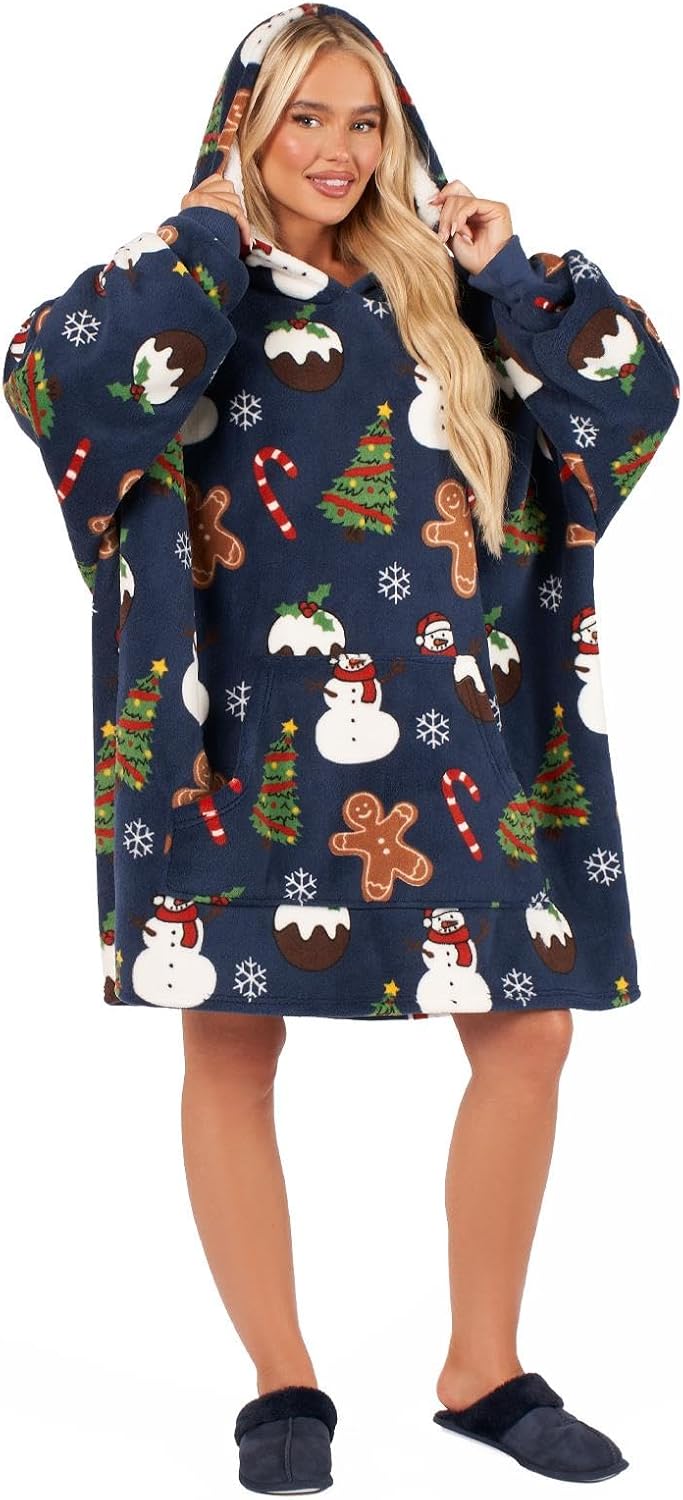 OHS Christmas Hoodie Navy Blue, Festive Blanket Hoodie Sherpa Fleece