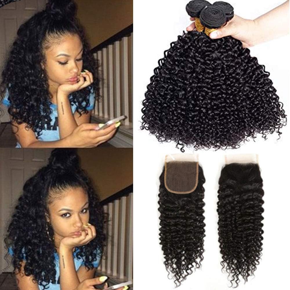 Brazilian Kinky Curly Bundles With Closure Brazilian Deep Curly Virgin Hair With Lace Closure Human Hair Weave With Closure (10 12 14 +10 )