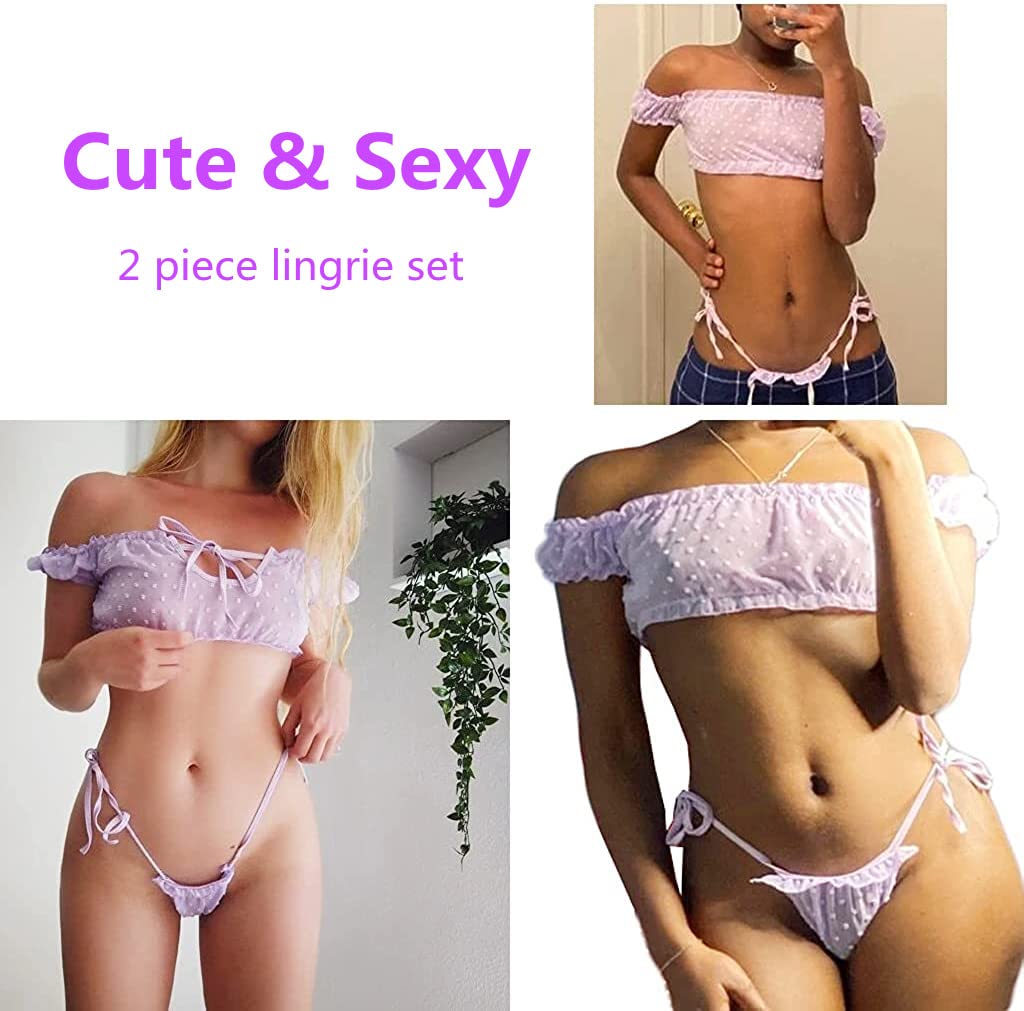 QHQQXN Conjunto de lencería, Lindo Conjunto de Sujetador y Bragas Transparentes, Ropa Interior de Peluche con Tiras y Lazo Ajustable, Camisones de Dormir traviesos para Regalo de San Valentín
