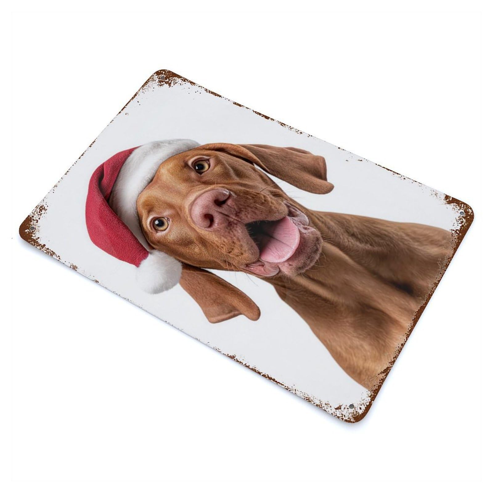 Vizsla Dog with Santa Hat Portrait Rusty Metal Tin Sign 11.8"x7.9", Industrial Home Decor for Garage, Pub Or Kitchen
