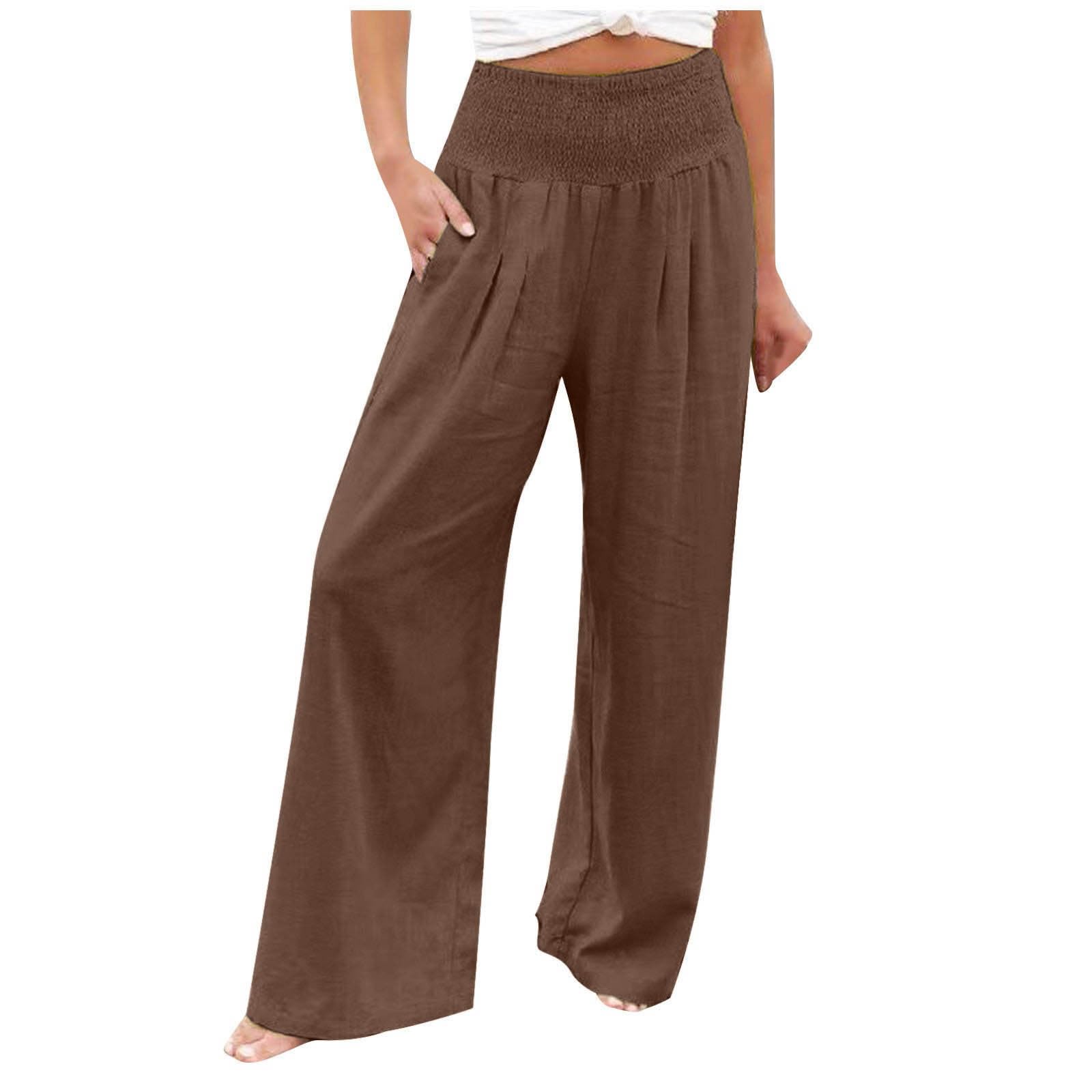 Womens Cotton Linen Palazzo Pants Loose Elastic High Waist Trousers Wide Leg Beach Pant Solid Vacation Casual Outfits