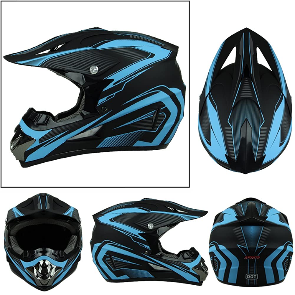 Jeunesse Enfant Casque de Motocross, Unisexe Intégral Hors Route Rue Courses VTT Casque de Moto, Downhill Enduro VTT BMX Dirt Bike Accident Casque, avec Lunettes Gants Masque