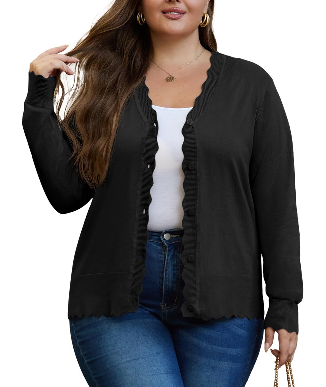 OLRIK Womens Plus Size Cardigan Knit Open Front Buttons Down V-Neck Long Sleeve Casual Sweater Shrugs