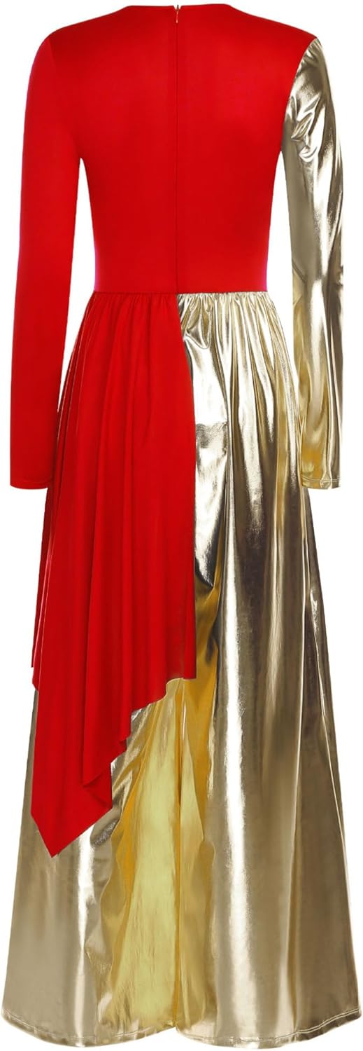 easyforever Women Long Sleeve Praise Dance Dress with Metallic Wide Leg Pants Overlay Worship Gowns