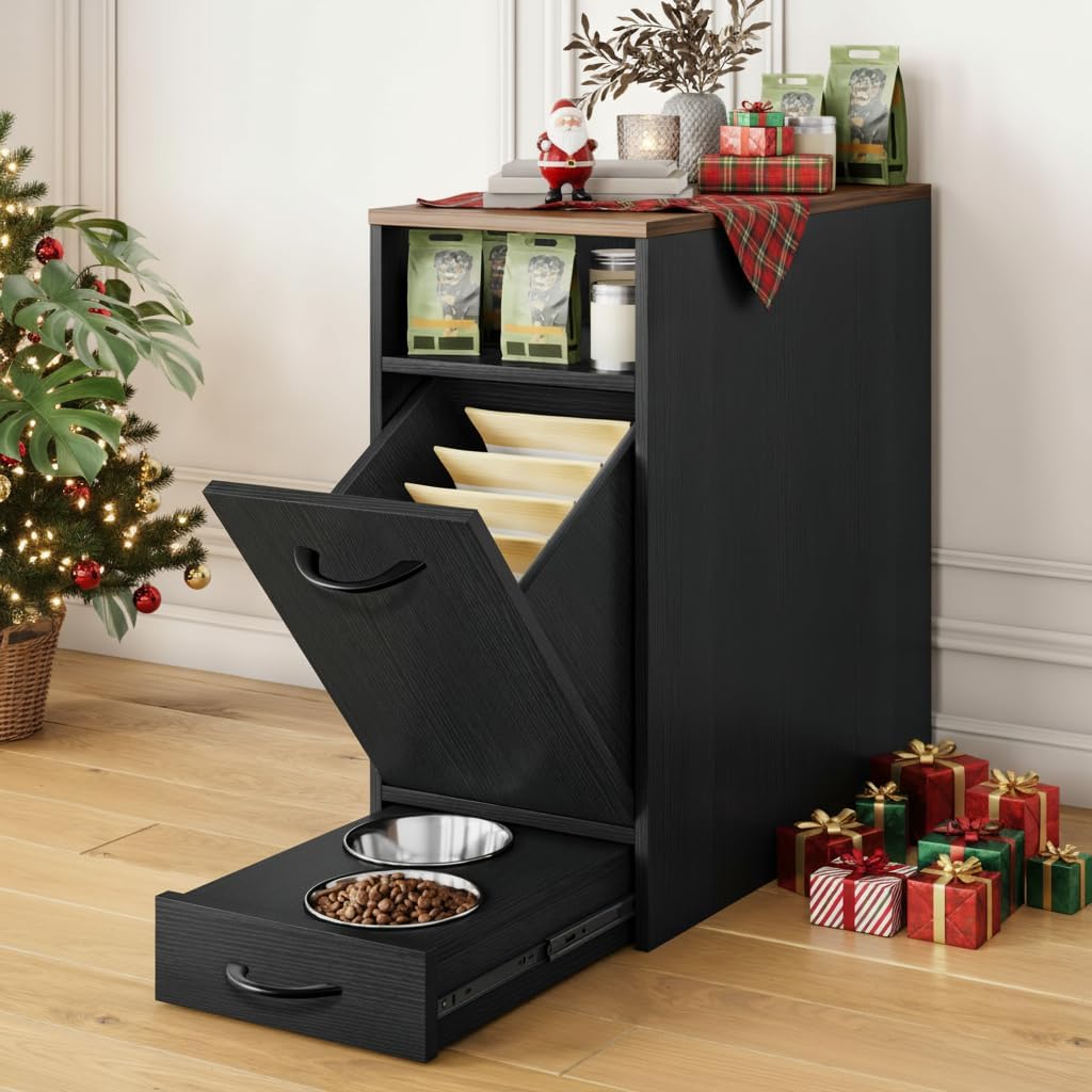 DWVO 30.6" Dog Feeding Station with Storage, Tilt-Out Dog Food Cabinet with 4 Feeder Bowls, Pull Out Elevated Dogs Bowl, Rustic Brown