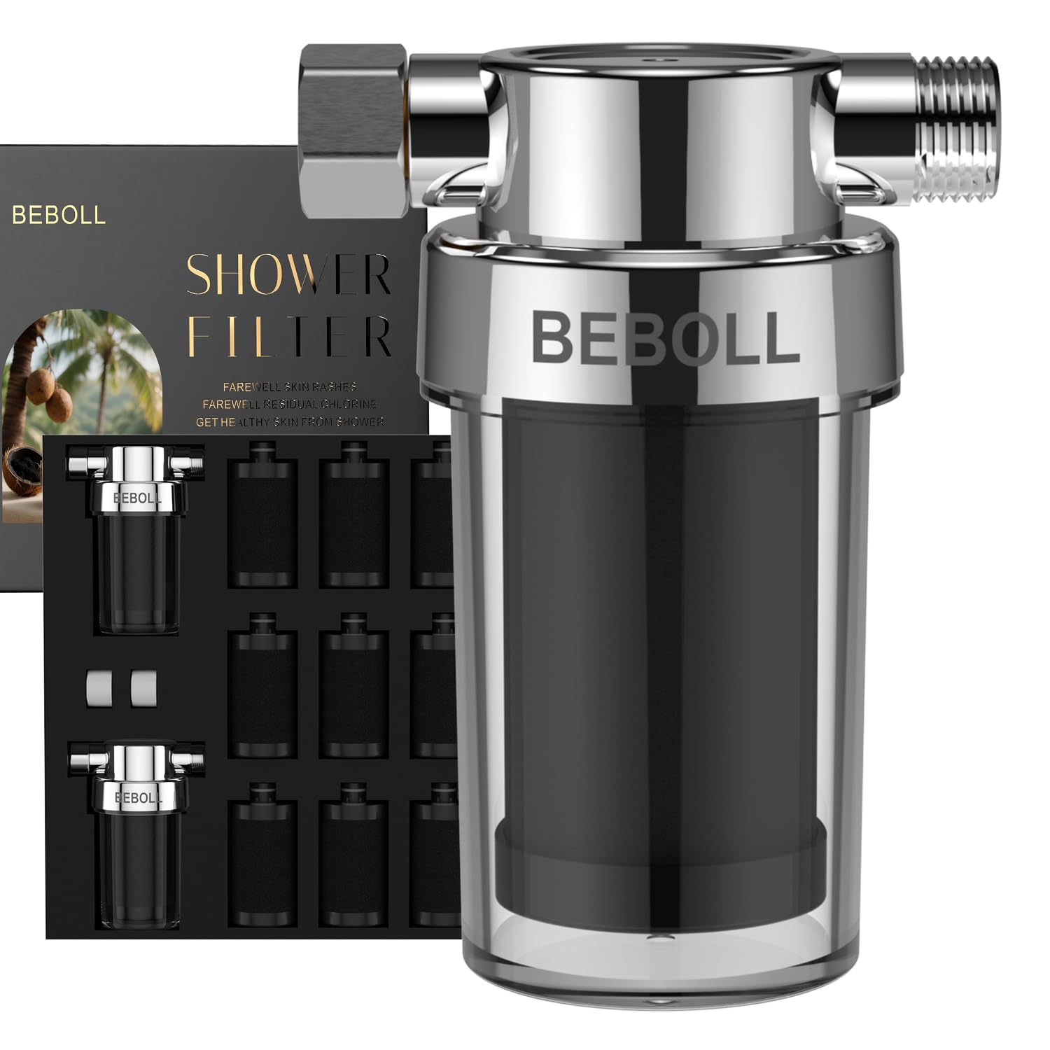 2-Pack Shower Filters with 11 Replacement Cartridges - Coconut Shell Carbon Filter Removes Chlorine, Heavy Metals | Universal Showerhead Water Filter for Healthier Skin & Hair