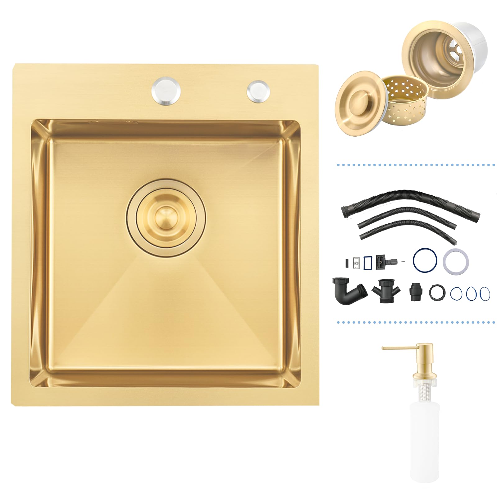 Gold Bar Drop in Kitchen Sink, 40 x 40 cm, RV Small Stainless Steel 16 Gauge Topmount Small Sink, Single Bowl Gold Wet Bar Outdoor Campervan, Basin with Drain Strainer.Soap Dispenser