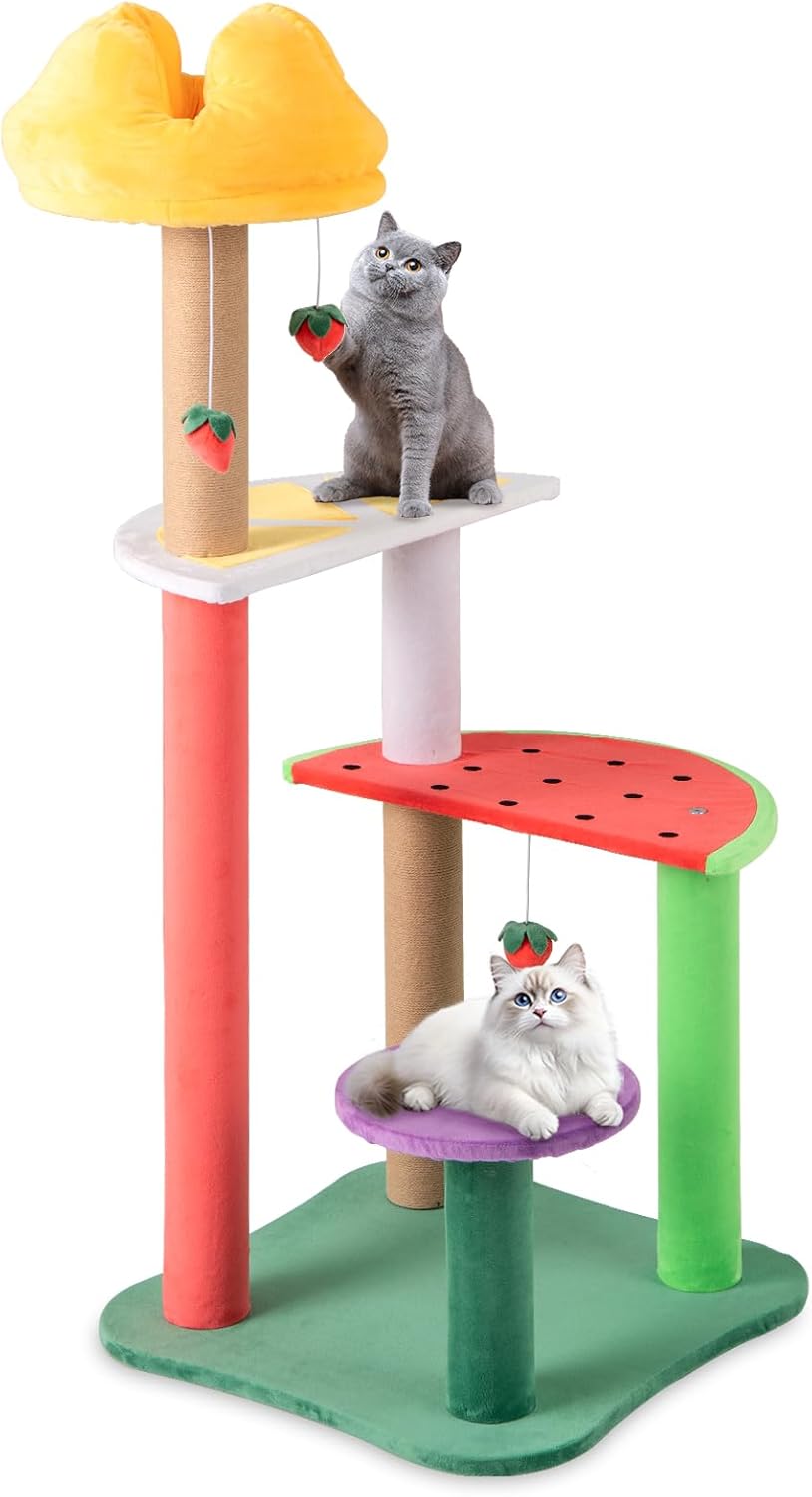 PETSITE 45-inch Cute Cat Tree, Multi-Level Cat Tower with Scratching Posts, Plush Padded Top Perch, Fruit-Shaped Platforms, and Strawberry Dangling Balls, Fruit Cat Tree Tower for Indoor Cats