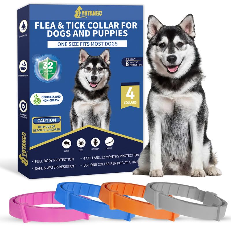 YOTANGO Collares Antiparasitarios para Perros, 32 Meses de Protección, Collar Antipulgas para Perros, 4 Pcs Collar de Pulgas y Garrapatas para Perros de Todos los Tipos-Rosa, Gris, Naranja, Negro
