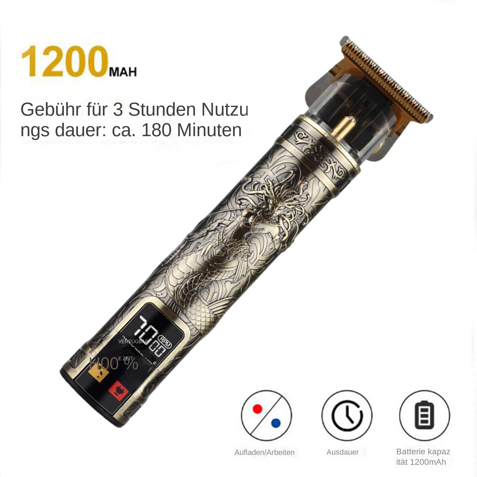 Elektrische Haarschneidemaschine, Trimmer Barttrimmer Herren Kabellos, LED Anzeige Haartrimmer Herren Konturen Haartrimmer Konturen Mit Grenzkämmen, USB Aufladung 1200mAh Für Männer