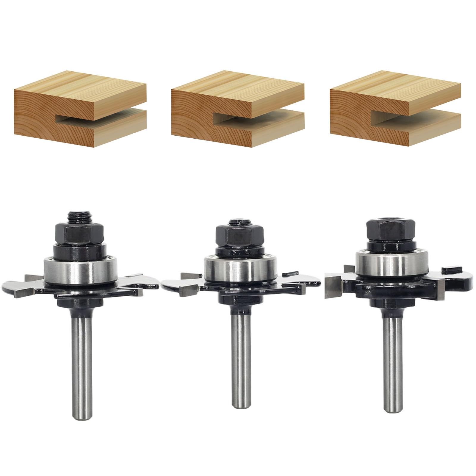 SICWOOD 3pcs Slot Cutter Router Bit Set 1/4 Shank - 4-Wings, 9/16" Depth, Carbide Tip, Wood Slotting Cutter Bit, for Groove Edges, Biscuit( Height 1/4" 1/8" 3/32") — image 1