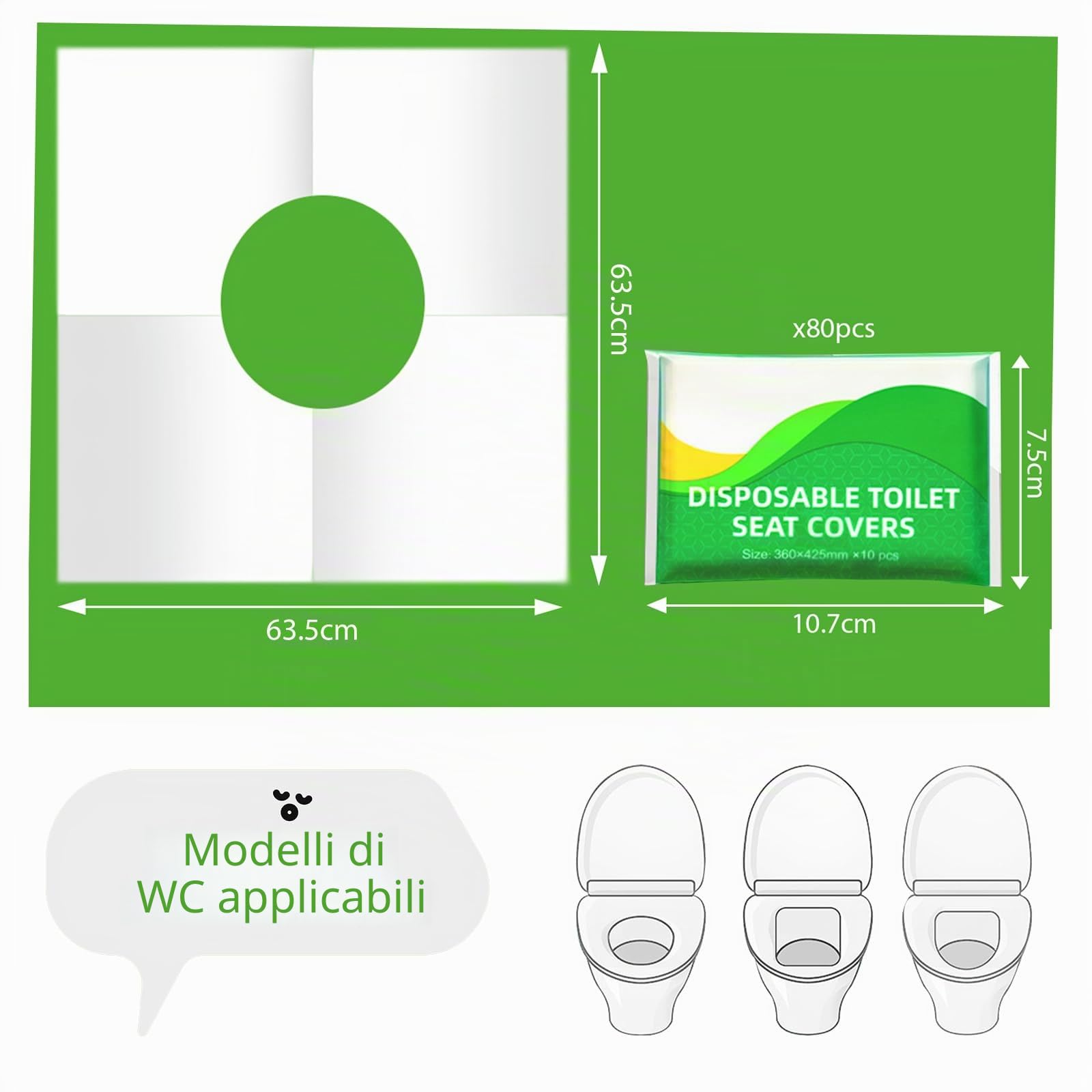 Copriwater Biodegradabili Usa e Getta, Copri WC Monouso per Bambini e Adulti, Coprisedile Igienico Water, 8 Confezioni 63.5x63.5cm