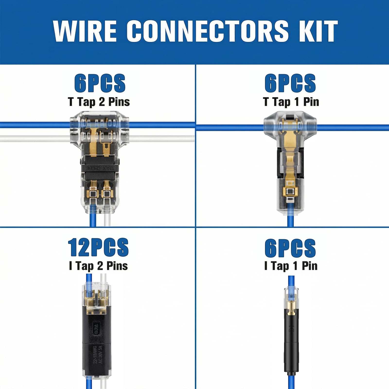 Kit de connecteur de fil 16-18 AWG, connecteur de fil en T sans soudure | Connecteur double fil rapide basse tension pour bande lumineuse LED, bricolage et réparation