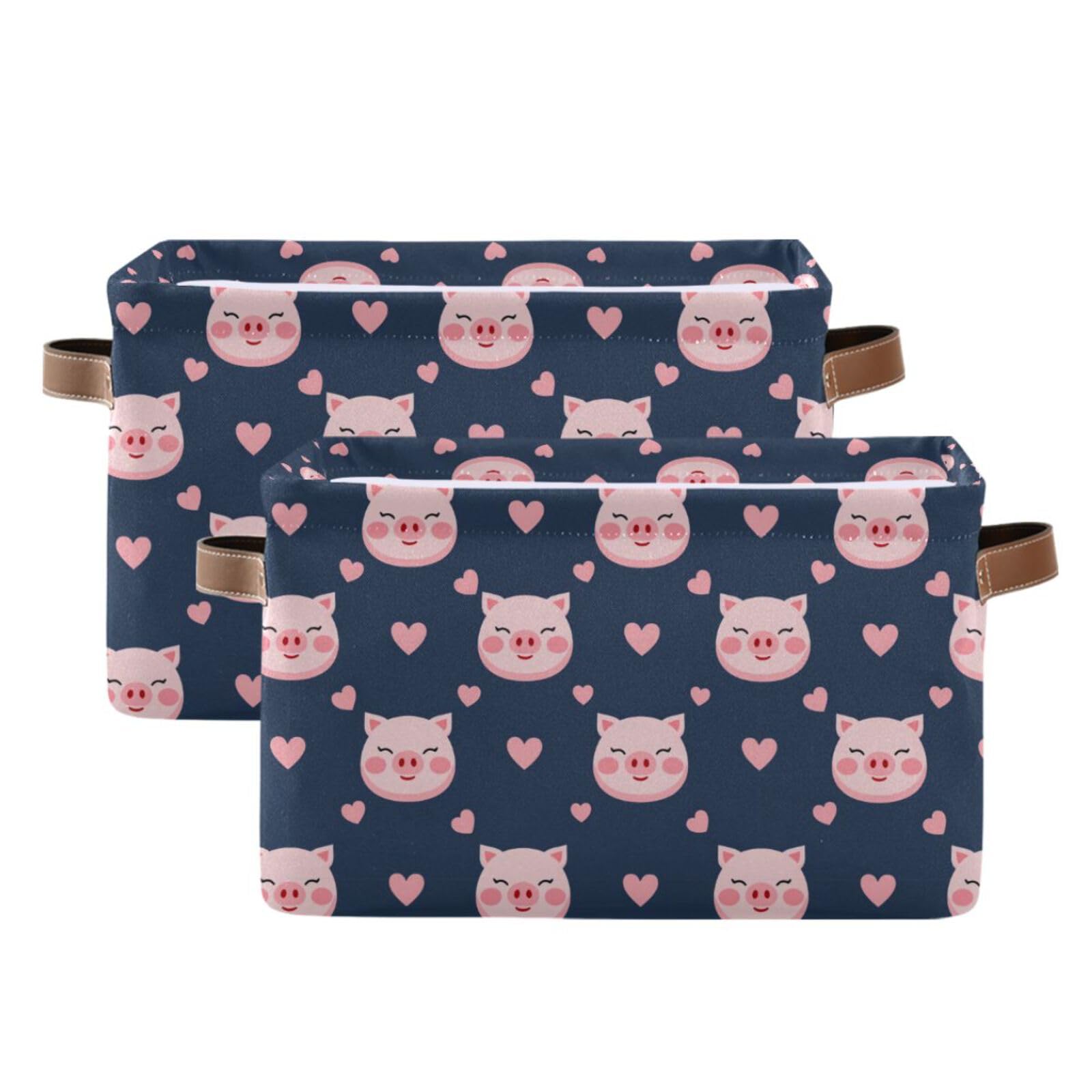 Aslsiy Storage Basket Pink Pig Face Hearts (2) Nursery Bins Baby Canvas Box Clothes Shelf Basket Laundry Hampers 2 Pcs