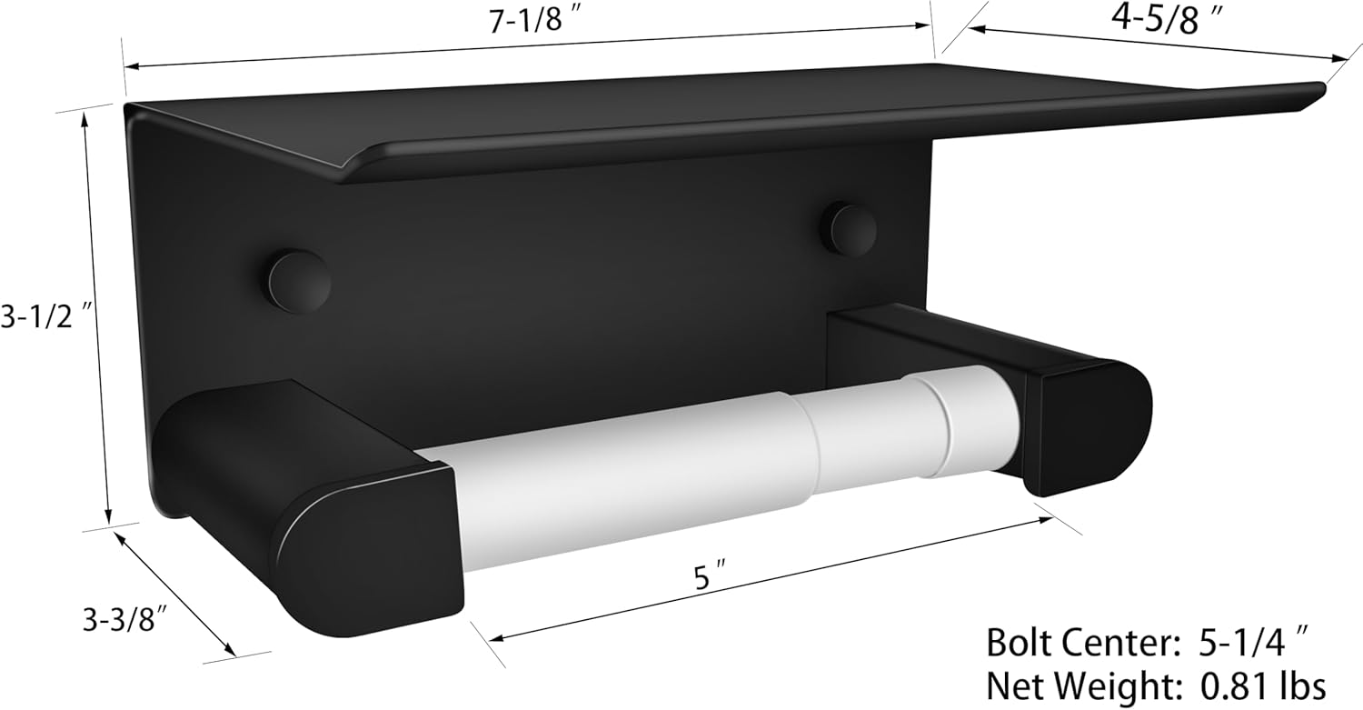 D&Joy Bathroom Toilet Paper Holder, Matte Black Adhesive or Screw Wall Mounted Tissue Holder with Shelf, Aluminum Toilet Roll Holder with Spring Loaded Roller for Bathroom Kitchen