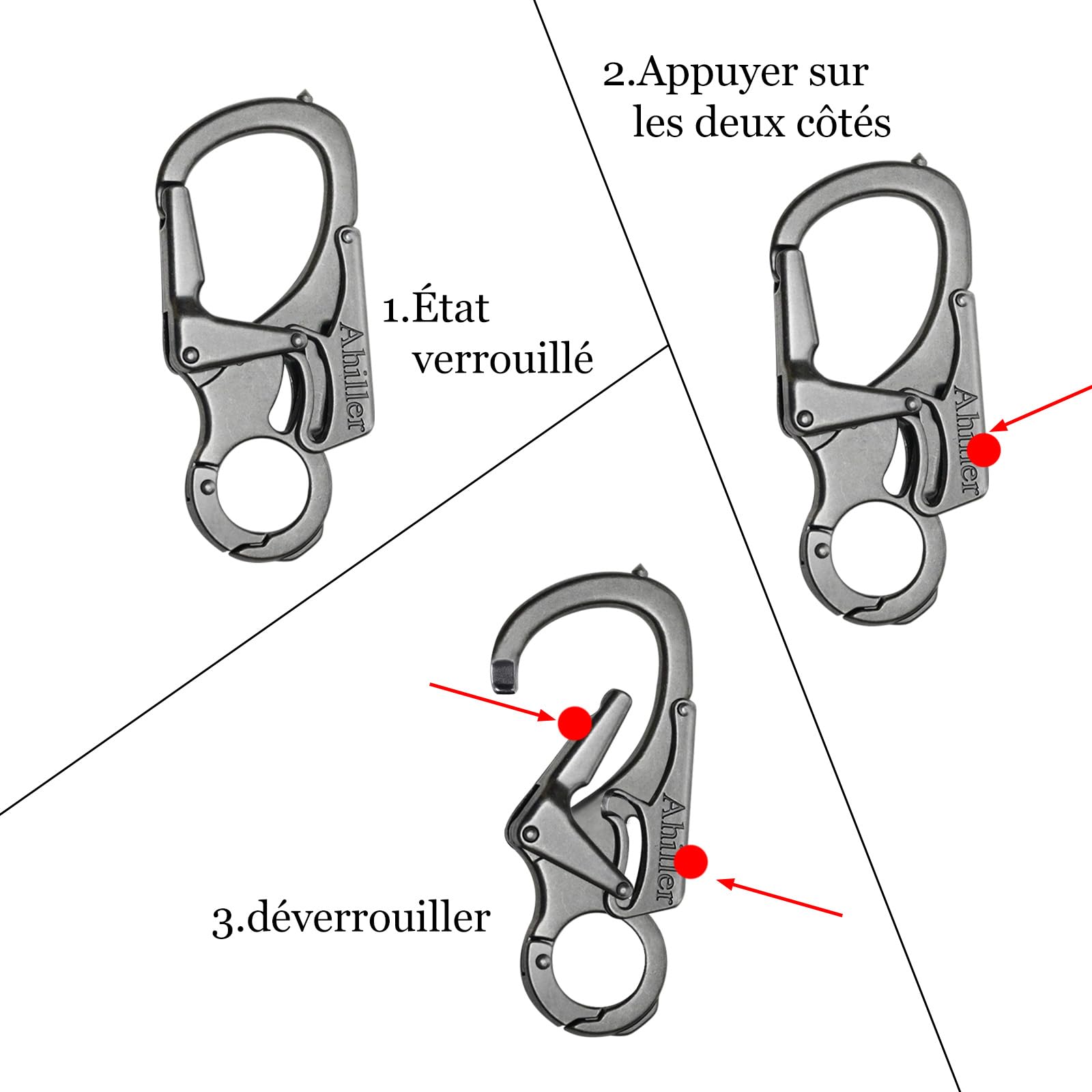 Ahiller Mousqueton Porte-Clés 7,6cm - Double Verrouillage Alliage Robuste - Pointe Acier Tungstène - Multifonction pour Camping Randonnée Survie