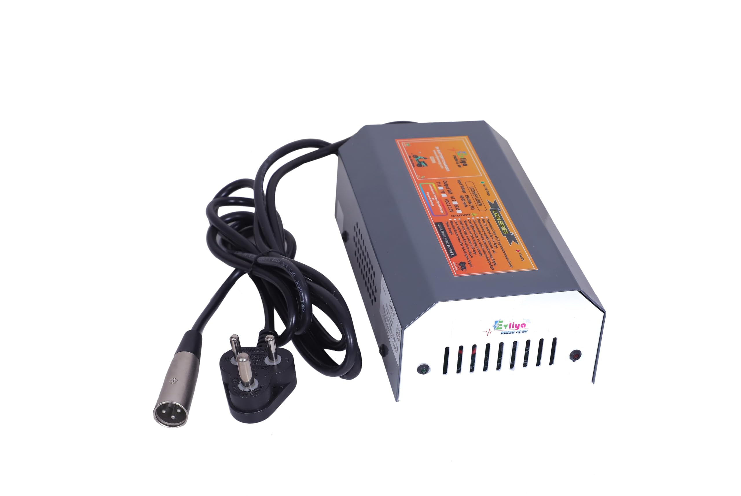 evliya ev scooty & bike chargers 60 volt / 6 amp / 69.35 volt auto battery cut (round pin xlr hero type connector) with led endication (lithium battery charger) suitable for all e-vehicles