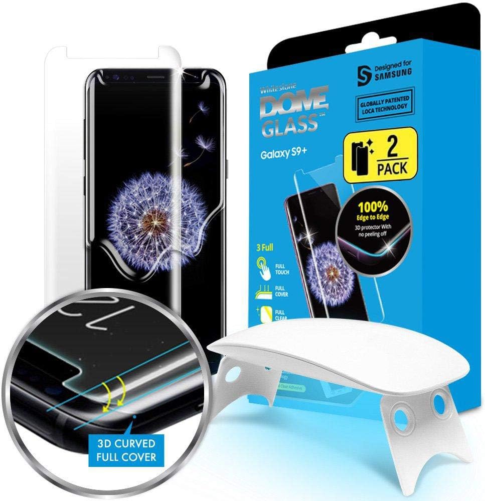 Galaxy S9 Plus Screen Protector, [Dome Glass] Full Coverage 3D Curved Tempered Glass Shield [Liquid Dispersion Tech] Easy Install by Whitestone for Samsung Galaxy S9+ (2018) - 2 Pack