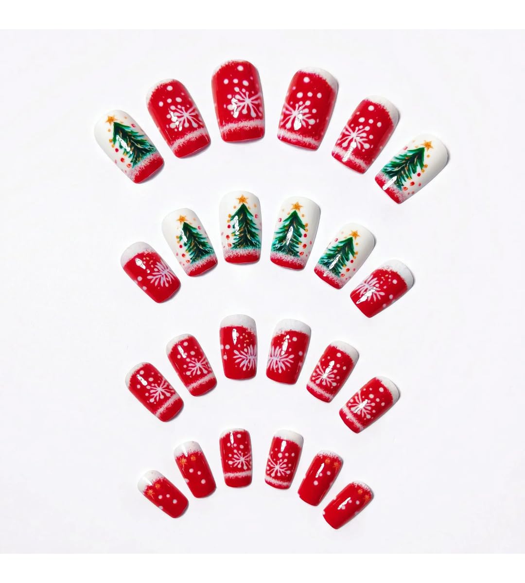 Medium long fake nails for party Square almond tips christmas tree snowflake gift snowman press on false nail art set