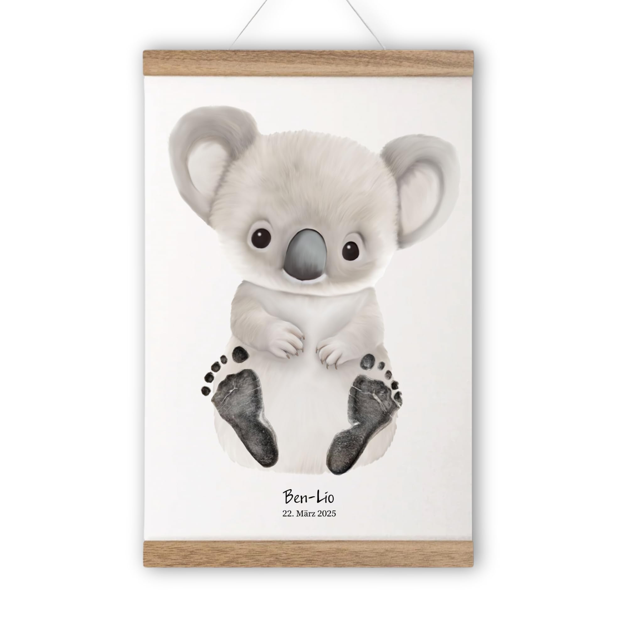 Personalisiertes Baby Fußabdruck Poster im Skandi Boho beige Stil Babyfußabdrücke auf Tier Geschenk Geburt Taufe 1. Geburtstag Junge Mädchen (Koala, DIN A4 - bis ca. 6 Monate)