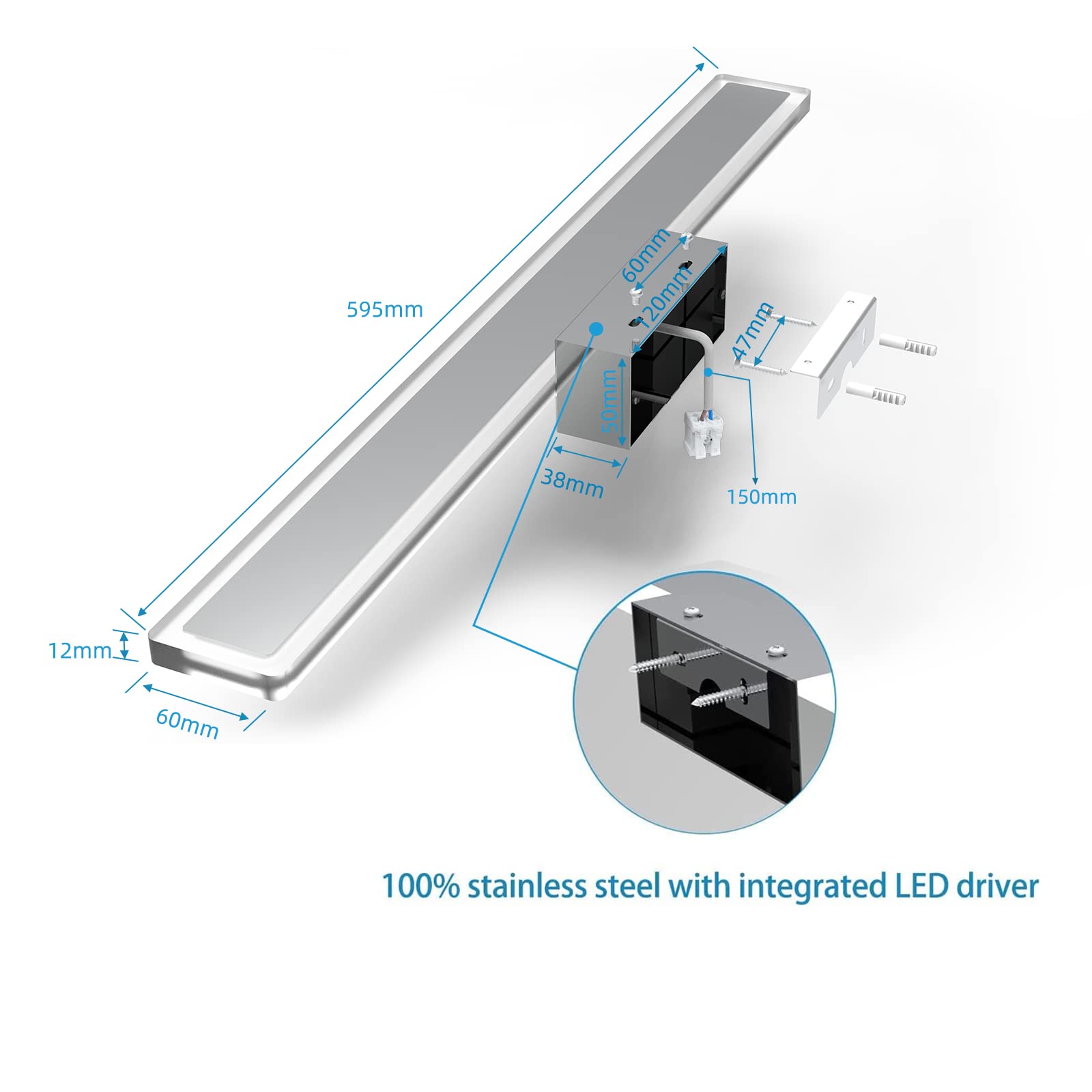 Spiegellampe für Badezimmer, LED, 60 cm, 15 W, 1600 lm, Beleuchtung 230 V, Wandleuchte, wasserdicht IP44, Edelstahl, Kaltweiß 6000 K