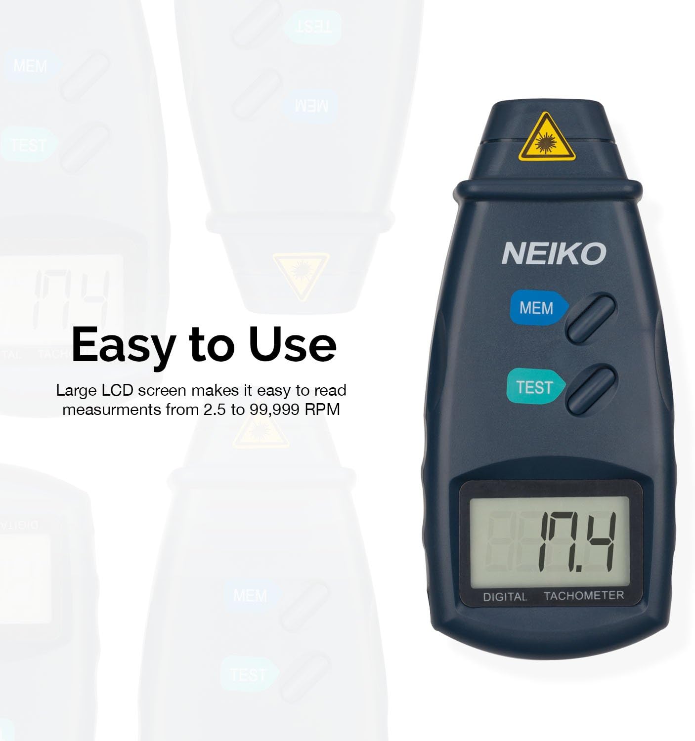 Close-up of NEIKO 20713A Digital Tachometer display showing RPM reading