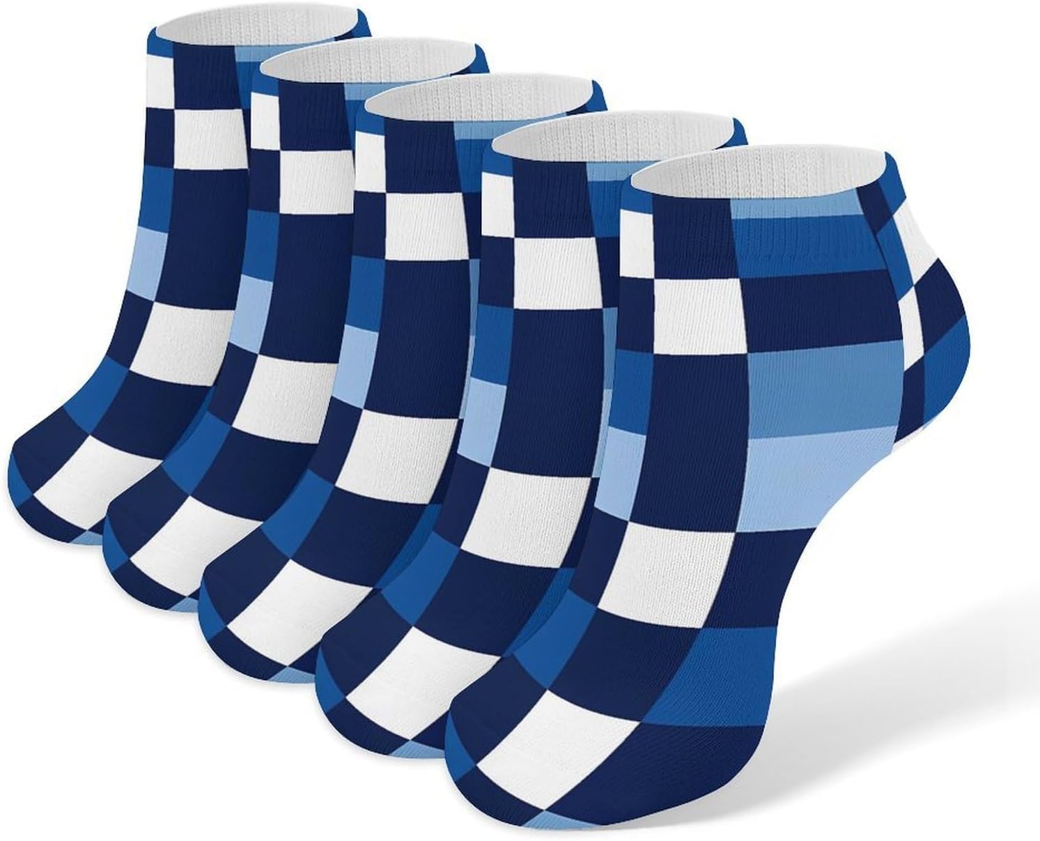 Police Navy Blue White Checkered No Show Ankle Socks Low Cut Non Slip Flat Boat Line 5 Pairs Set