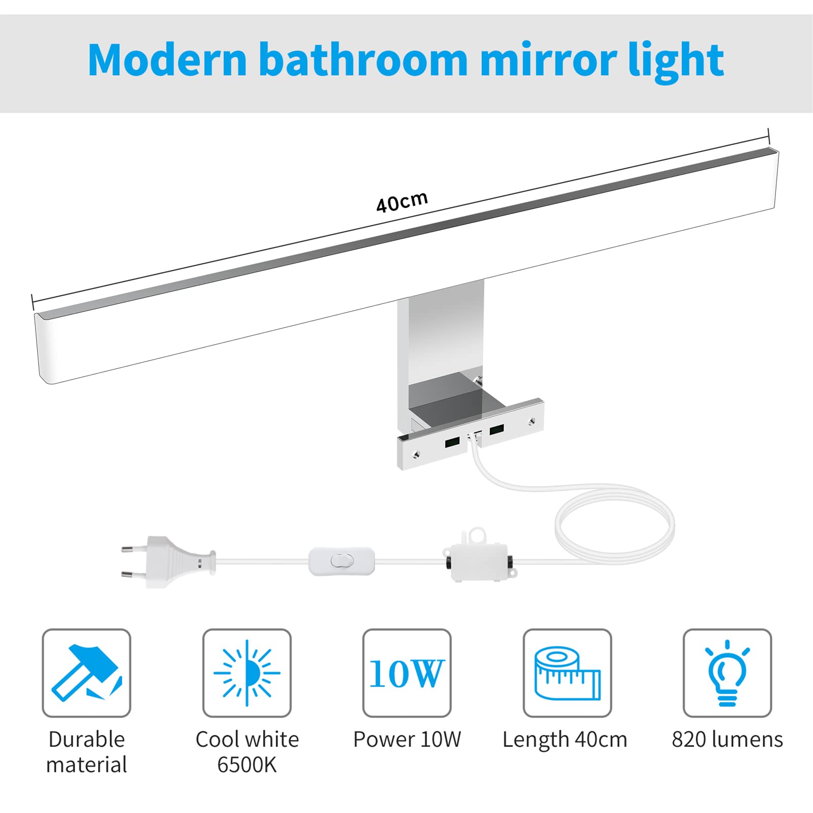 Aourow Lampada Specchio Bagno 10W,40CM 820LM Luce Specchio Bagno LED con Interruttore a Filo,Bianco freddo 6500K e resistente all'acqua IP44 Luci Specchio Bagno per Armadietto a Specchio CLASSE II