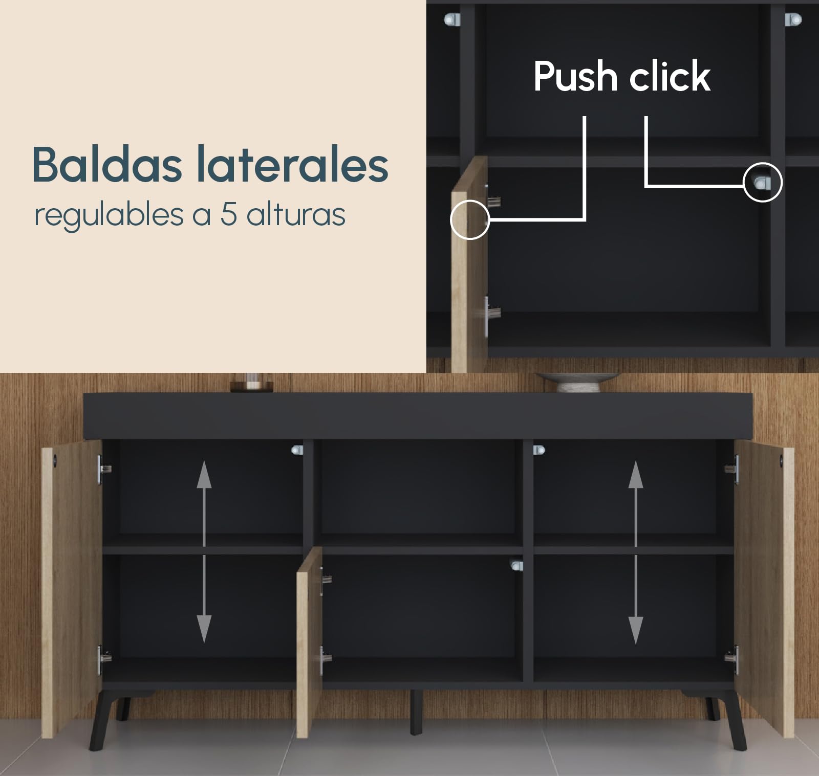 MB Muebles Bonitos | Aparador bajo Kai con 3 Puertas para Salón Comedor Moderno | Mueble de Melamina Mate | Color Negro y Sonoma | 130x70x32,5 cm