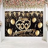 5665 Happy 100th Anniversary Backdrop Banner Decor Black Gold – Glitter Love Heart Cheers to 100...