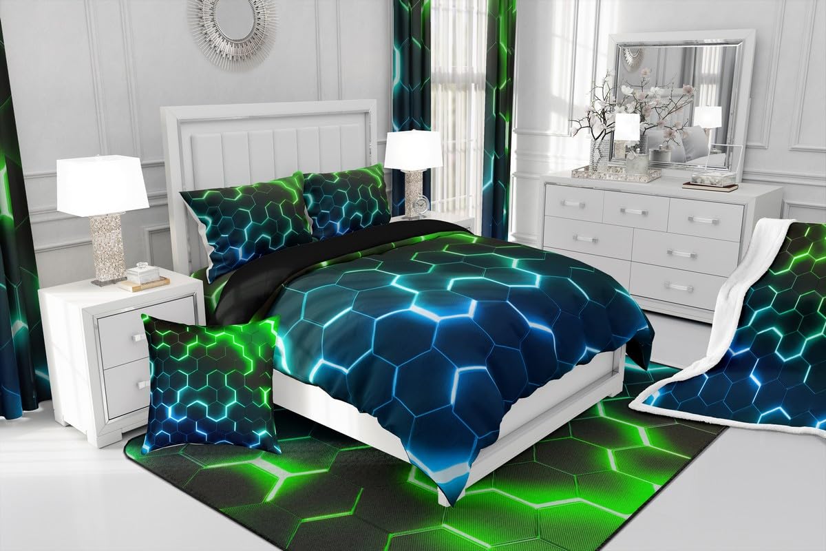 Homewish King Bedding for Teenage Boy Modern Honeycomb Duvet Cover Set for Kids Adults Blue Green Gradient Bedding Sets for Boys Girls Modern Geometric Hexagonal Duvet Cover Bedroom Decor - Image 4