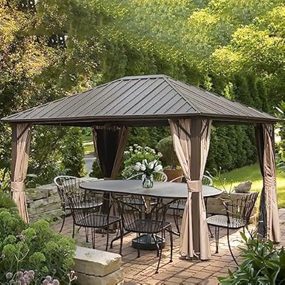 Domi 10’ x 12’ Hardtop Gazebo Canopy Outdoor Aluminum Gazebo, Galvanized Steel Single Roof with Curtains and Netting for Deck, Backyard, Patio, Garden